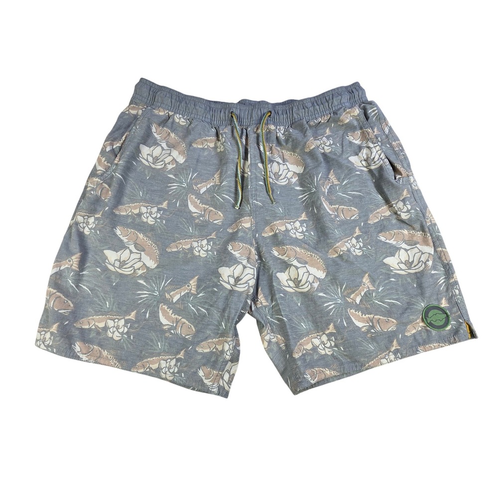 Marsh Wear Mens XL Grey Fish Print‎ Board Shorts Stretch Drawstring
